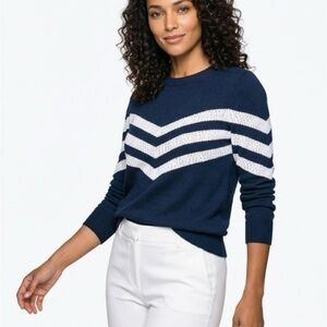 LOFT Navy Crewneck Sweater with White Chevron Stripes